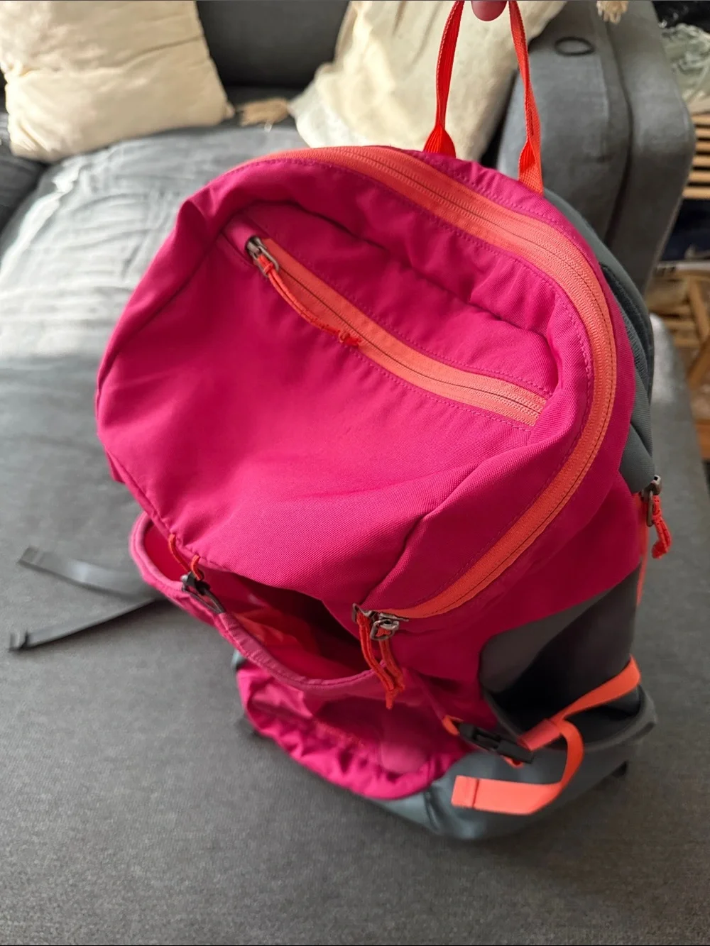 Patagonia Backpack in Bright Pink and Gray with Orange Accents